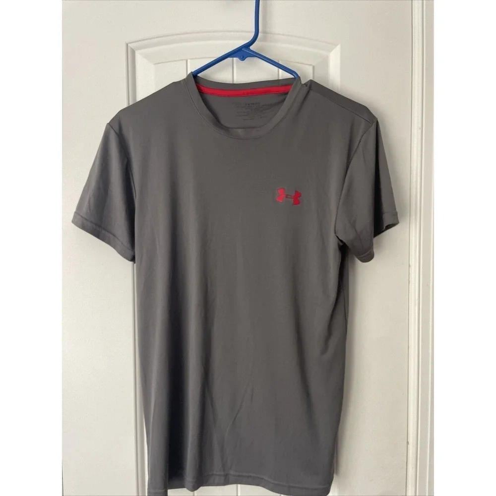 Under Armour T Shirt Mens Adult Small Loose Fit Light Gray Red Workout